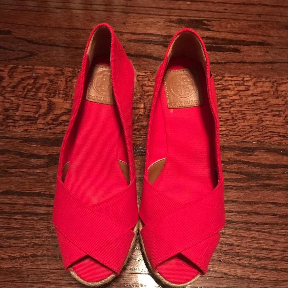 *SOLD*Tory Burch Red Canvas Peep Toe Wedges - Picture 2 of 8